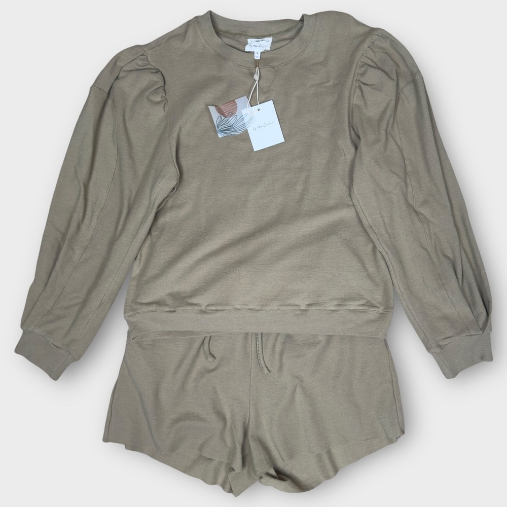 By The River Sweatshirt and Shorts Set Womens S Taupe NEW Puff Sleeve Lounge Set - Picture 2 of 9